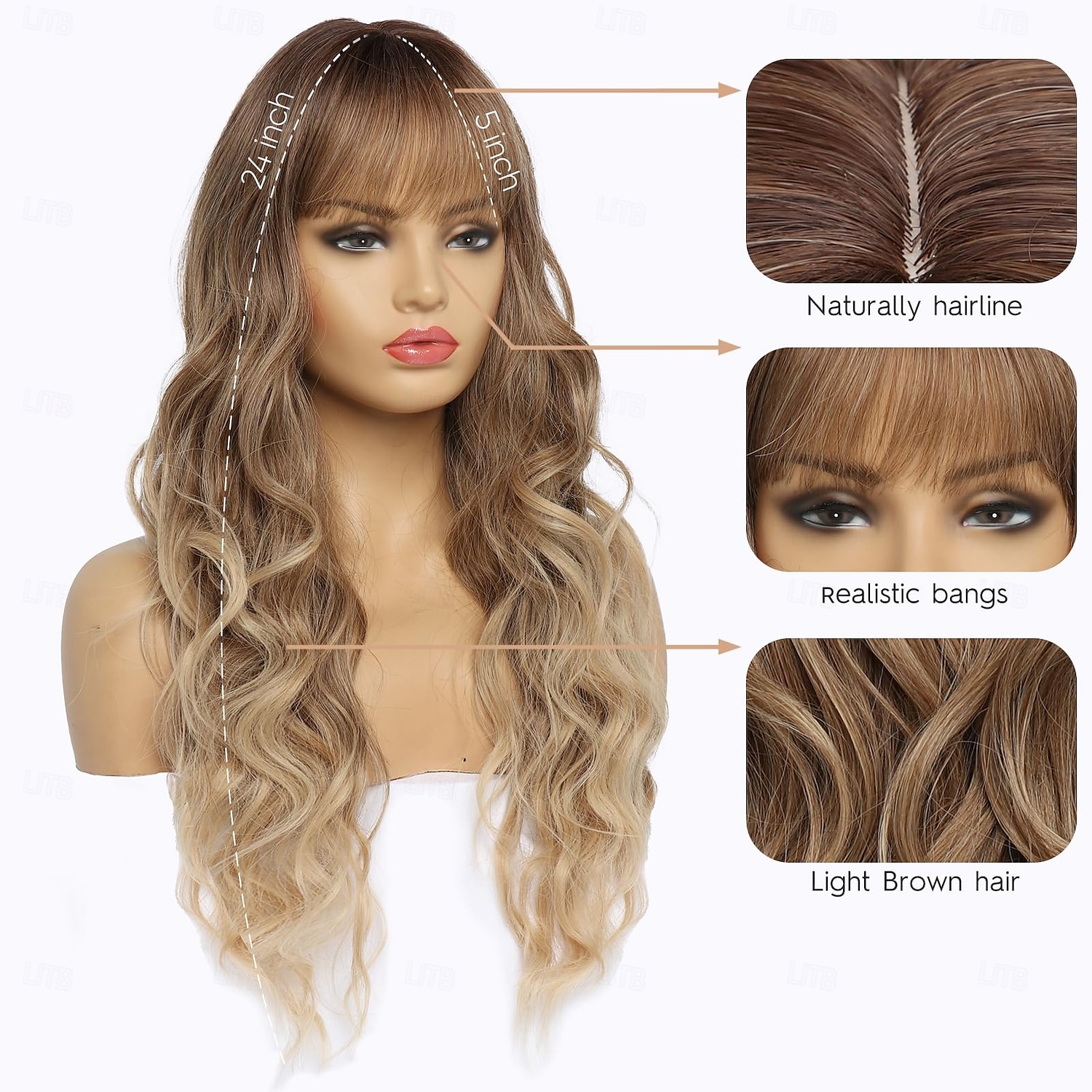 Long Wavy Wig with Bangs for White Women Natural Looking Female Wigs With Dark Roots Synthetic Fiber Hair Wig for Daily Party Use Chest Length Curly Wig 2025 - $19.99 –P8