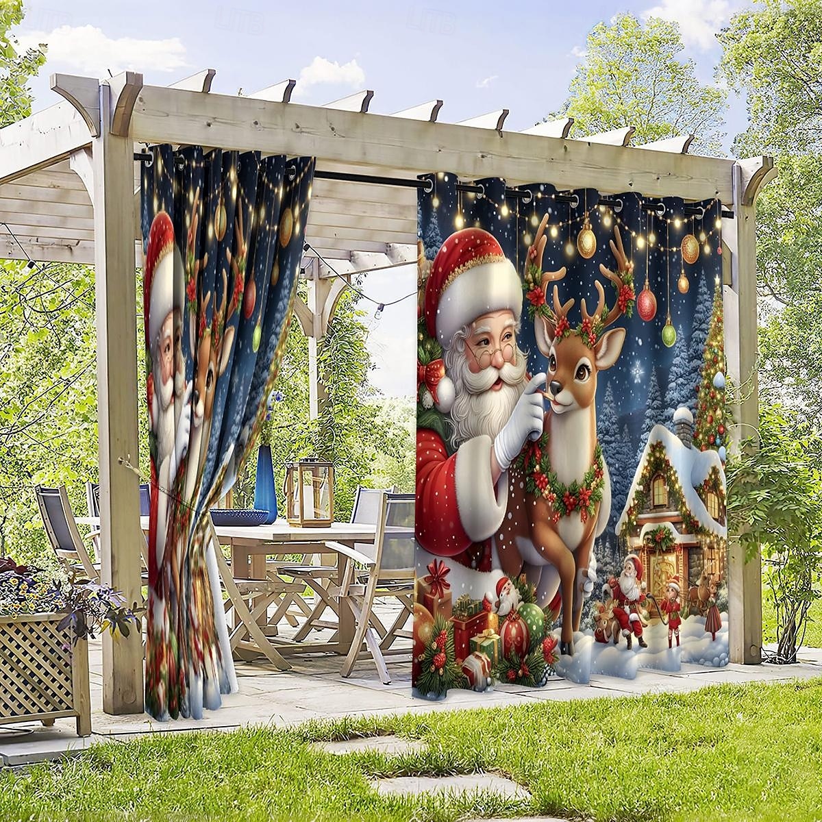 vánoční ozdoby santa voděodolný venkovní závěs soukromí, posuvné závěsy na terasu, závěsy na pergolu, průchodka pro altán, balkon, veranda, párty, 1 panel 2025 - $42.99 –P9