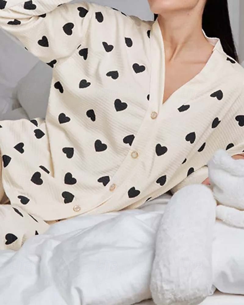 kvinnors alla hjärtans pyjamasset hjärta avslappnad komfort hem daglig komfort varm v-ringad långärmad kofta byxa knapp upp resår midja höst vinter hem outfits 2025 - $23.99 –P4