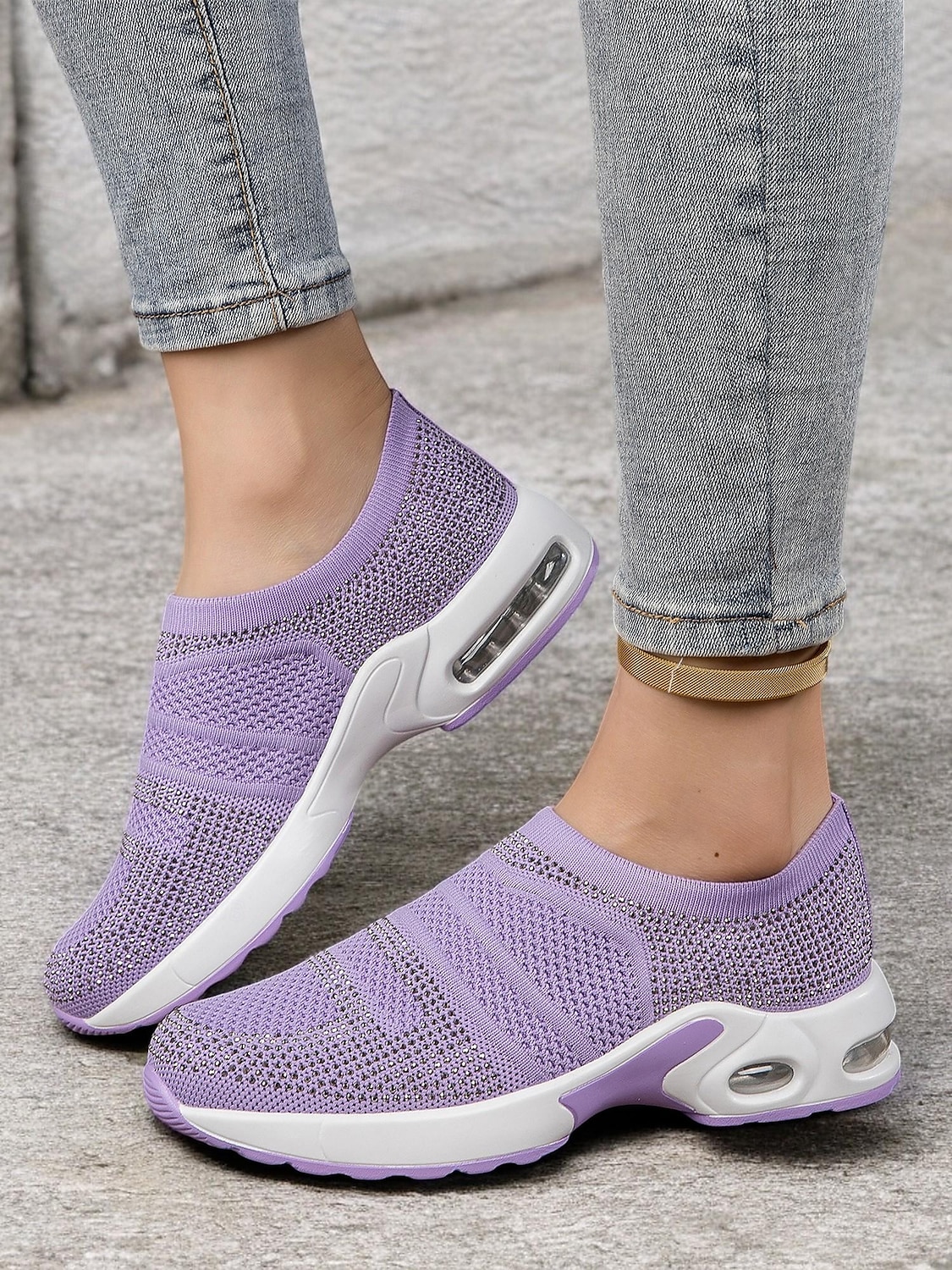 leichte lila Slip-On-Sneaker für Damen mit Strass-Details – bequeme Luftpolstersohle zum Gehen und für die Freizeit 2025 - $32.99 –P4