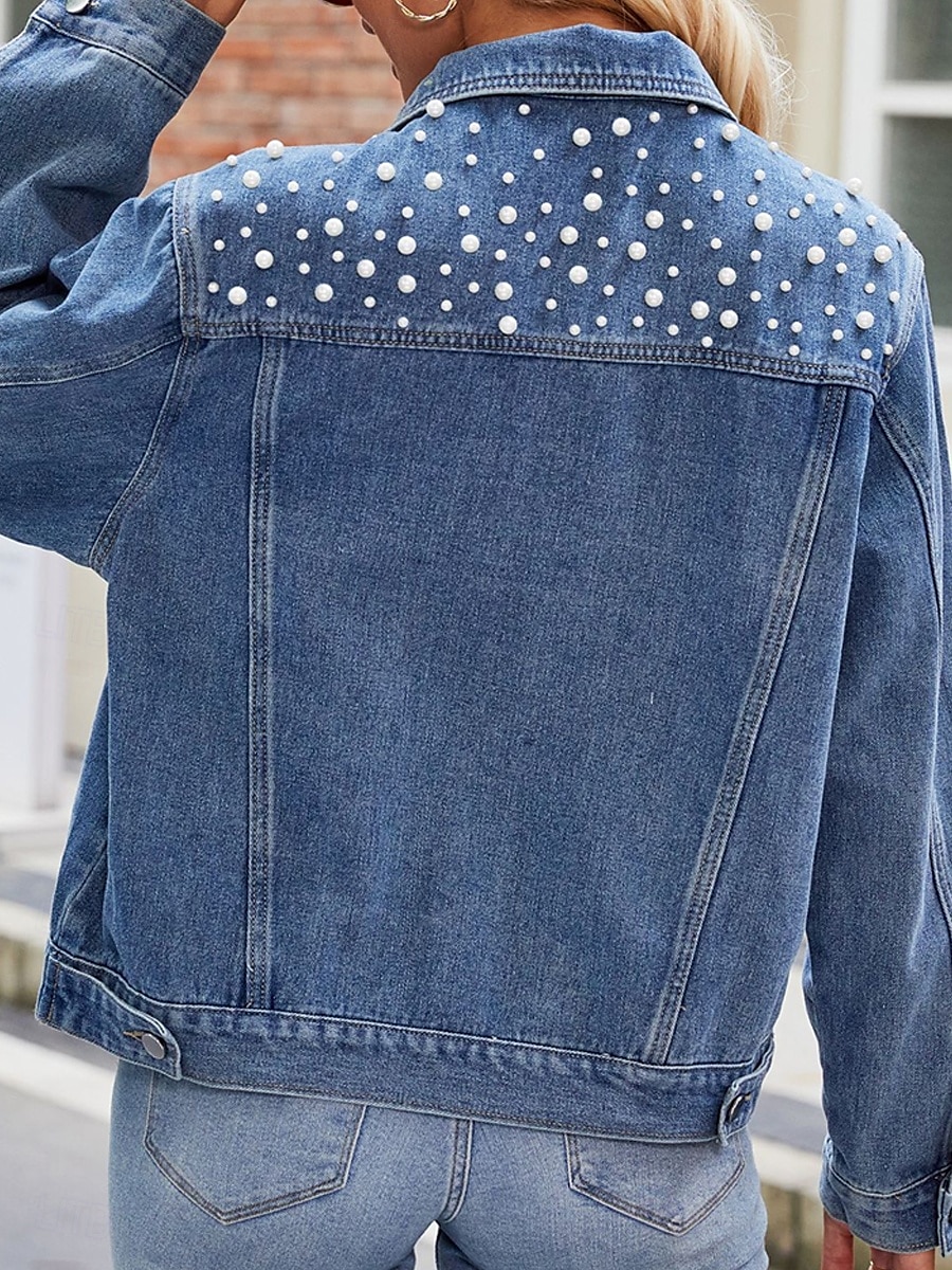 Dam Jeansjacka Utomhus Gata Dagliga kläder Höst Vinter Kort Täcka Normal Håller värmen Andningsfunktion Stylish Ledigt Jacka Långärmad Ensfärgat Med fickor Pärlor Svart Blå 2025 - $62.99 –P4