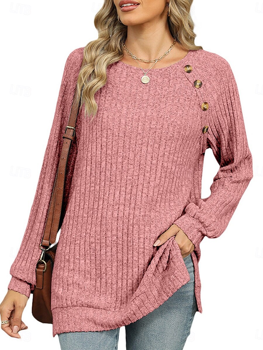 Per donna maglietta Liscio Di tendenza Moderno Informale Manica lunga Girocollo Top regolari Giornaliero Fine settimana Bottoni Rosa Blu Verde Cachi Autunno Inverno del 2025 a $29.99 –P8