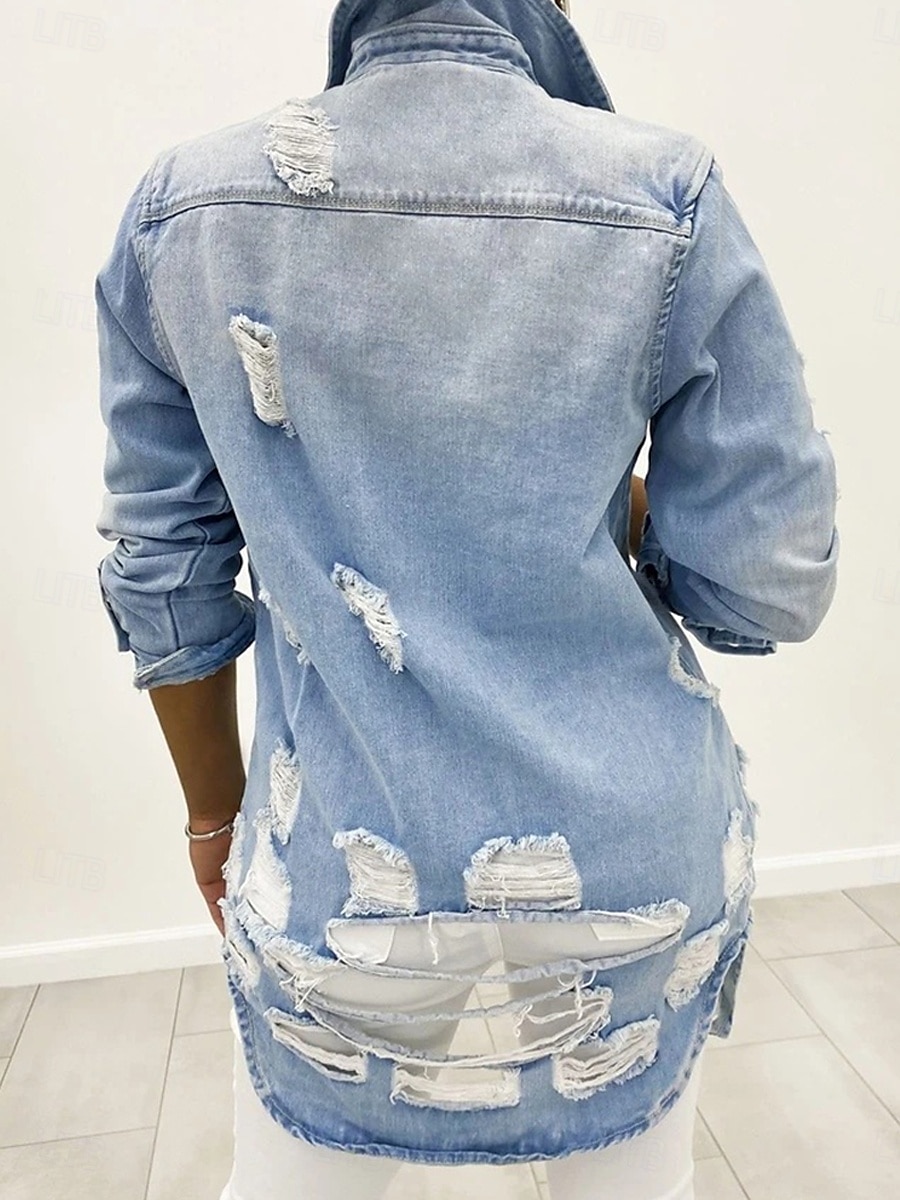 Dam Jeansjacka Utomhus Gata Dagliga kläder Höst Vinter Normal Täcka Normal Håller värmen Andningsfunktion Stylish Ledigt Jacka Långärmad Ensfärgat Med fickor Ljusblå Svart Marinblå 2025 - $62.99 –P5