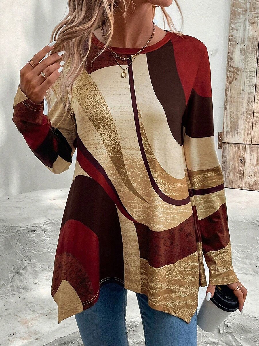 Vrouwen Tuniek T-Shirt Geometrisch Casual Lange Mouw Crew Neck Reguliere Tops Dagelijkse Print Asymmetrisch Bruin Lente  Herfst 2025 - $29.99 –P3