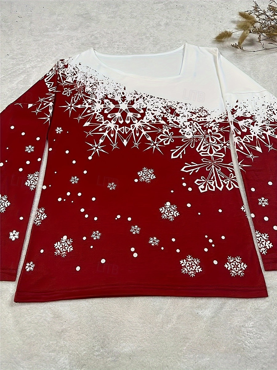 Dámské tričko tisk sněhové vločky 3/4 rukávy výstřih do lodi gradient červená bílá dovolená casual slavnostní zimní top pohodlný jemný dotek pravidelný fit 2025 - $27.99 –P2