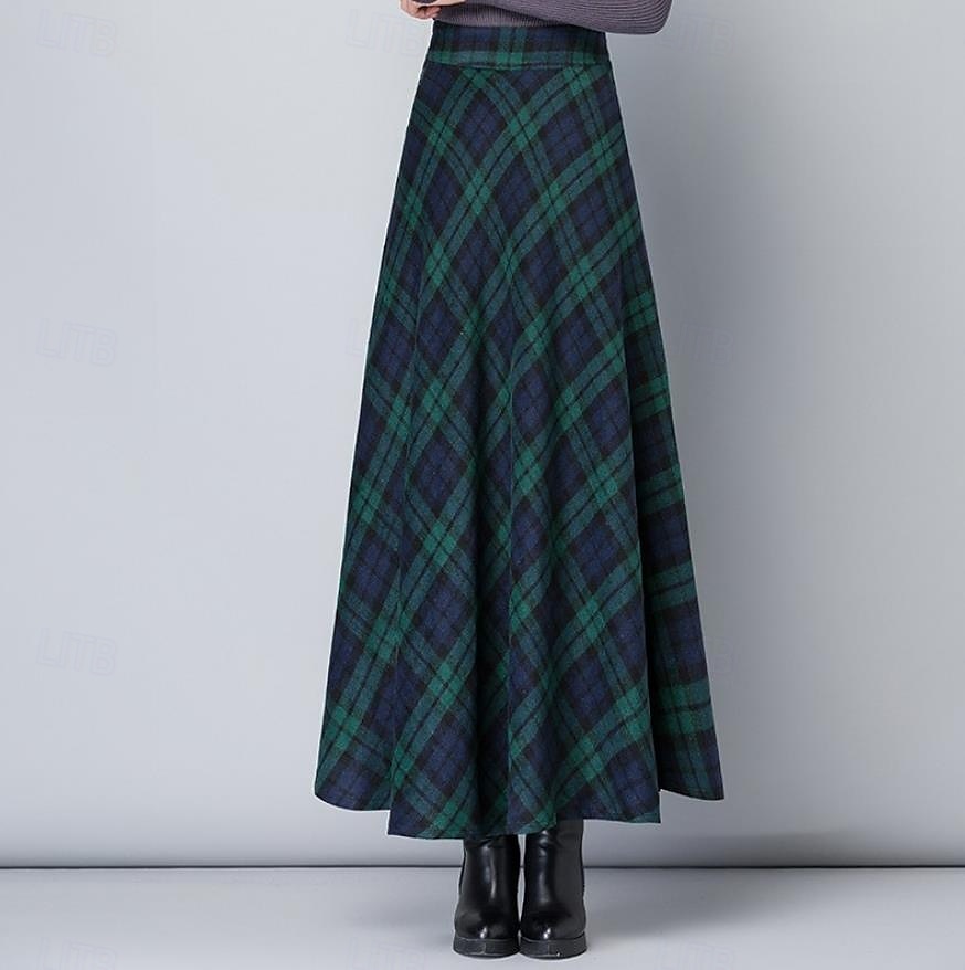 naisten ruudullinen u kaula pitkä mekko maxi mekko syksy talvi 2025 - $23.99 –P1