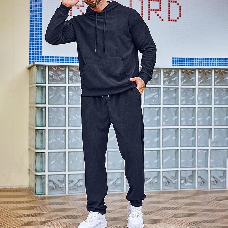 Men's Sweatshirt Tracksuit Sweatsuit Black Army Green Red Navy Blue Light Grey Hooded Plain Drawstring 2 Piece Sports & Outdoor Daily Holiday Streetwear Basic Casual Winter Spring &  Fall Clothing 2026 - $48.99 –P7