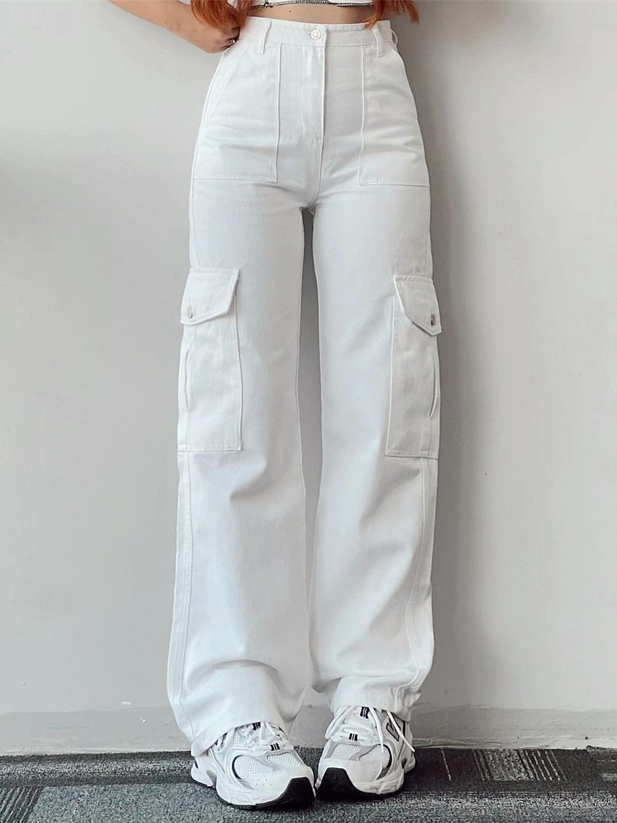 Damen Cargohose Cargohosen Chinesisch Chino Modisch Strassenmode In voller Länge Hoher Taillenbund Glatt Tasche Bequem Weich Komfortabel Mikro-elastisch Outdoor Strasse Weiß Grün Aprikose Frühling 2025 - $26.99 –P5