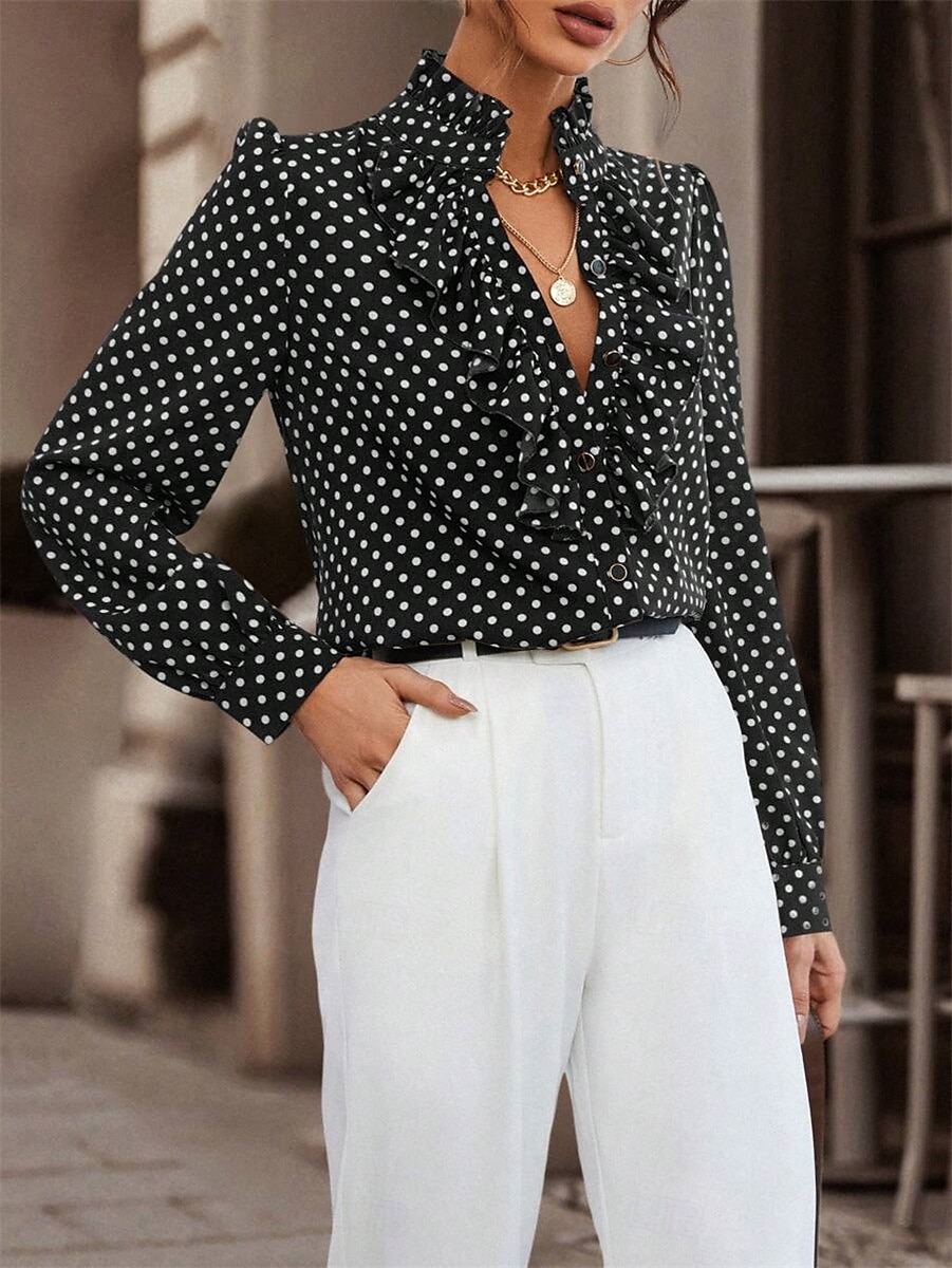 Damen Hemd Bluse Punkt Brautkleider schlicht Langarm Rollkragen Normale Oberteile Täglich Rüsche Patchwork Knopf Schwarz Braun Herbst Winter 2025 - $29.99 –P9