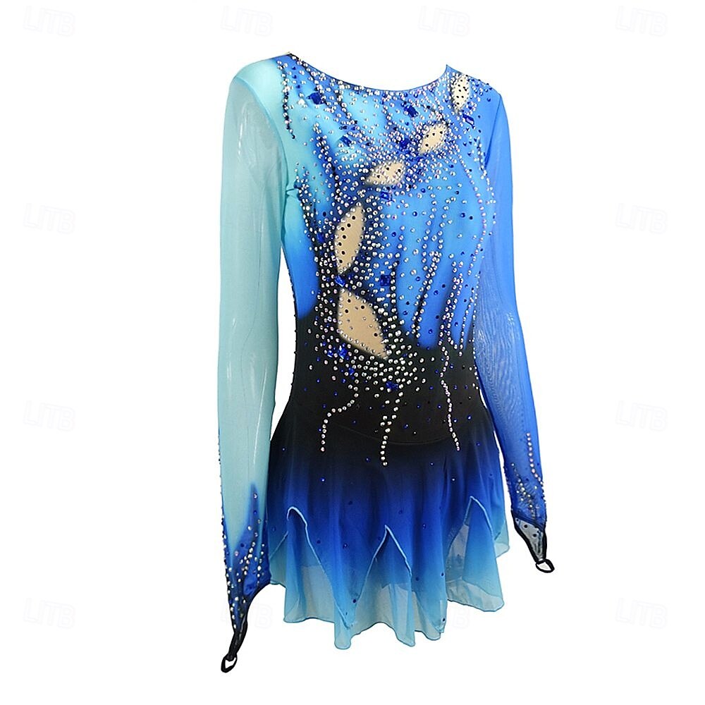 Eiskunstlaufkleid Damen Mädchen Eislaufen Kleid Blau Patchwork Daumenloch Netzstoff Hohe Elastizität Training Wettbewerb Eiskunstlaufkleidung Klassisch Kristall / Strass Langarm Eislaufen 2025 - $195.99 –P6