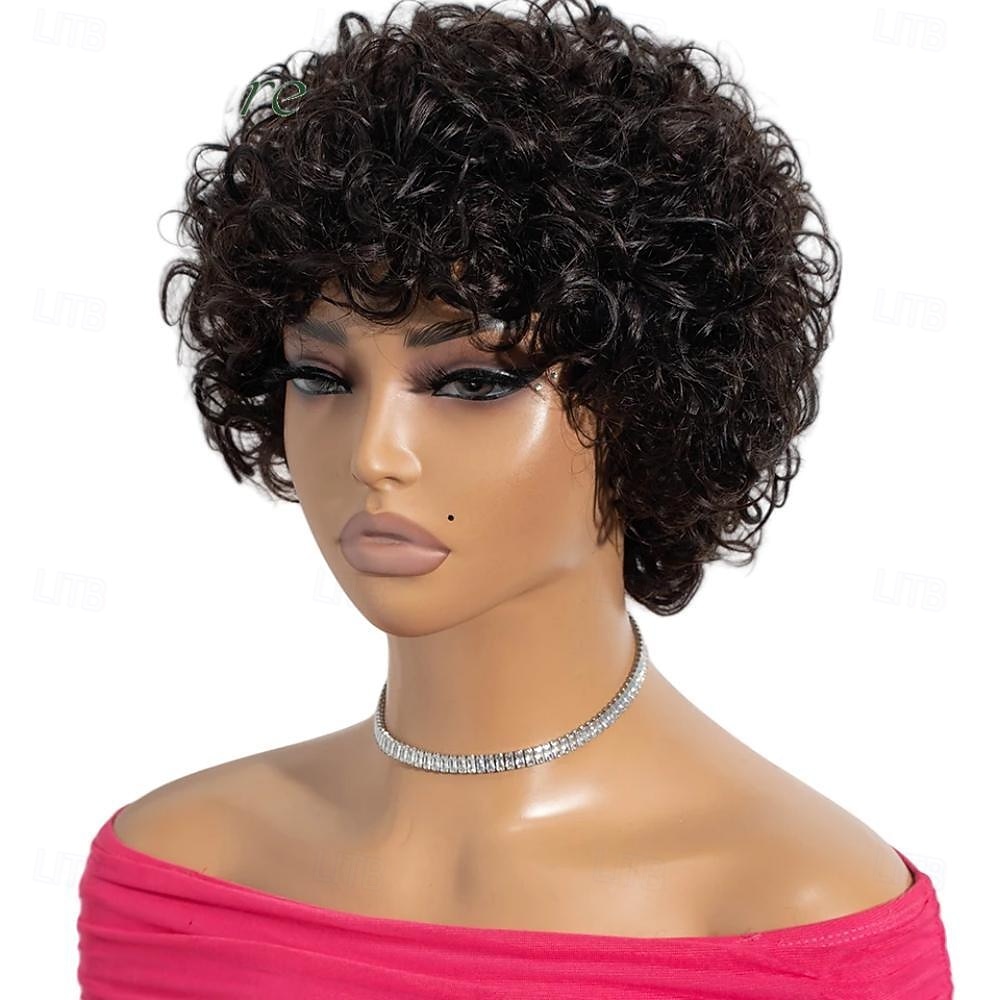 parrucche brasiliane corte pixie afro ricce e crespe per donne parrucca bob castana senza colla con frangia parrucca di capelli umani da 6 pollici del 2025 a $57.99 –P1
