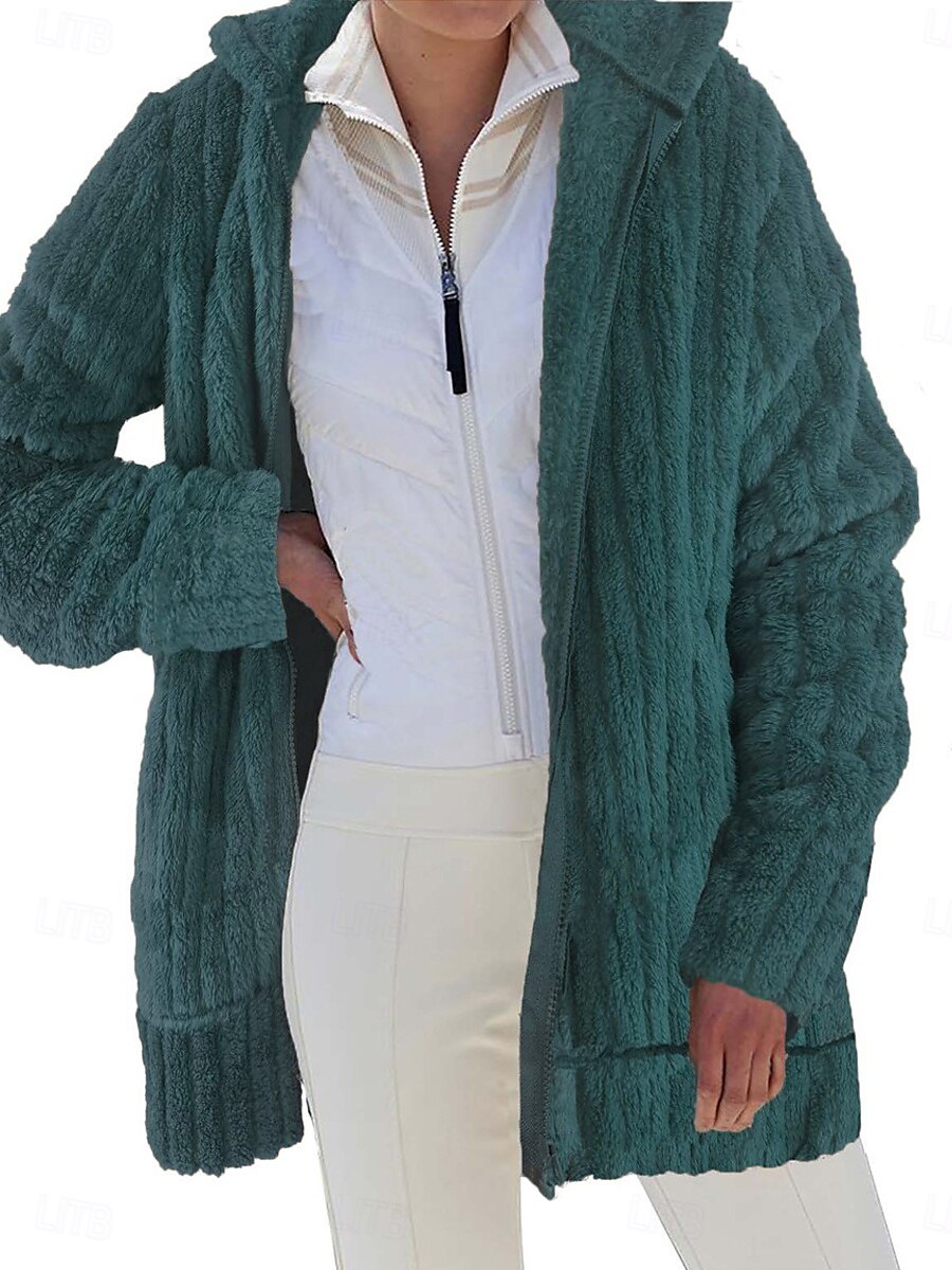 Women's Fleece Jacket Teddy Coat Hoodie Jacket Warm Breathable Zipper Pocket Fleece Lined Casual Plain Vacation Street Daily Wear Going out Zipper Regular Hoodie Regular Fit Long Sleeve Outerwear 2025 - $52.99 –P3