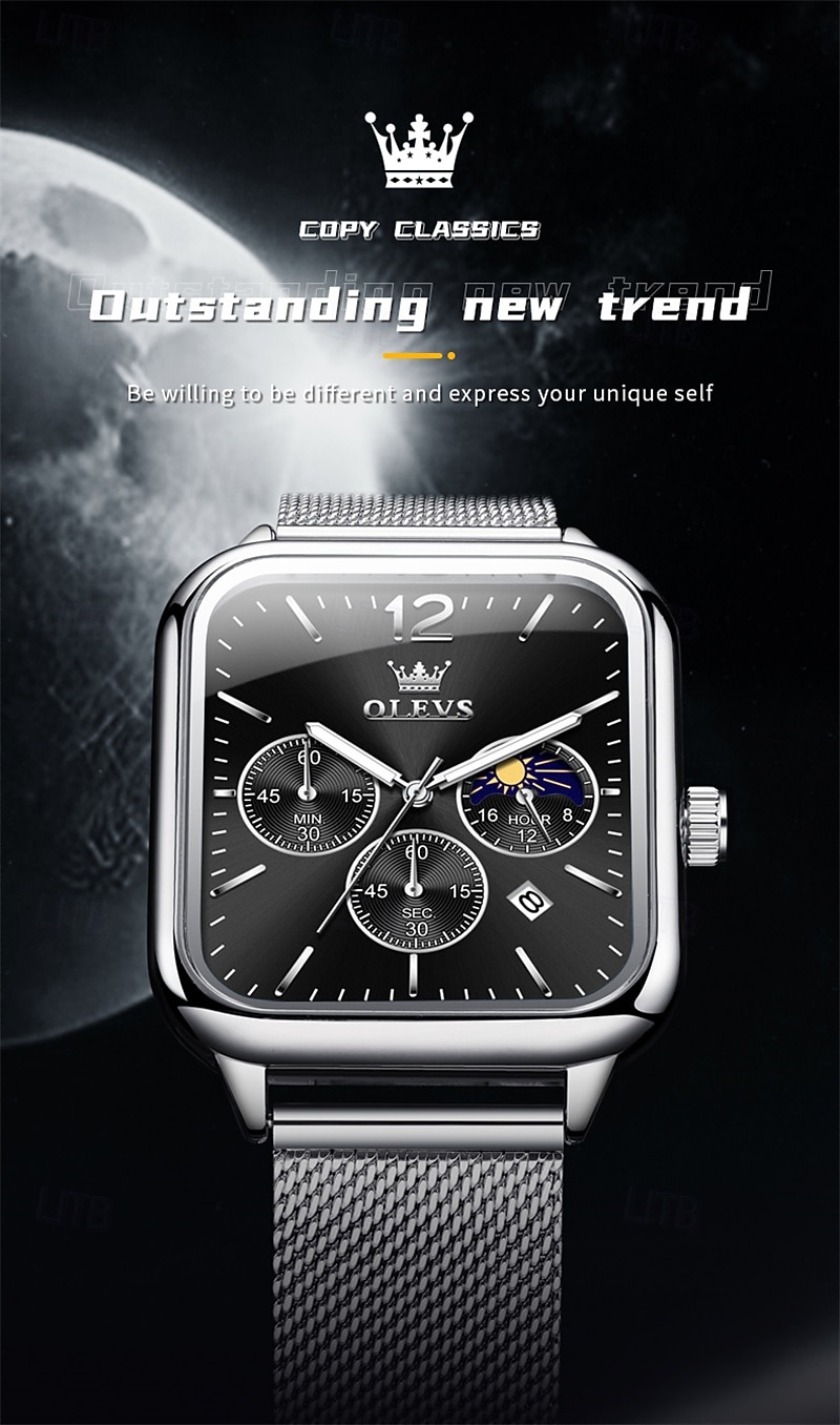 nouvelle marque olevs olevs tendance montres pour hommes cadran carré calendrier lumineux des phases de lune multifonction ceinture en maille à trois yeux montre à quartz à phases de lune de 2025 ? $29.99 –P1