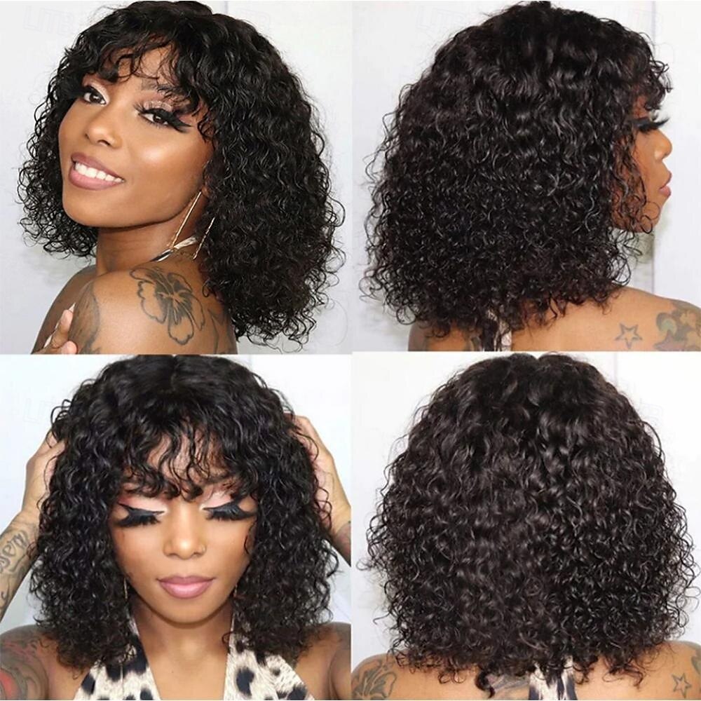 perucas curtas de cabelo humano cacheado peruca curta bob cacheado cabelo humano com franja para mulheres peruca curta sem cola onda de água cabelo humano com franja preto natural 12 polegadas de 2025 por $89.99 –P4