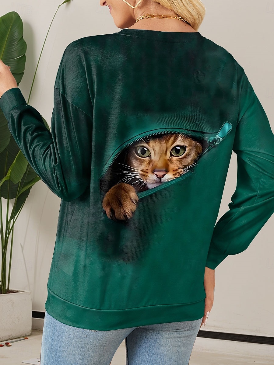 Women's Sweatshirt Cat Street Dailywear Zipper Print Casual Crew Neck Long Sleeve Micro-elastic Fall Winter Comfrt Breathable Soft Fabric 2025 - $27.99 –P2