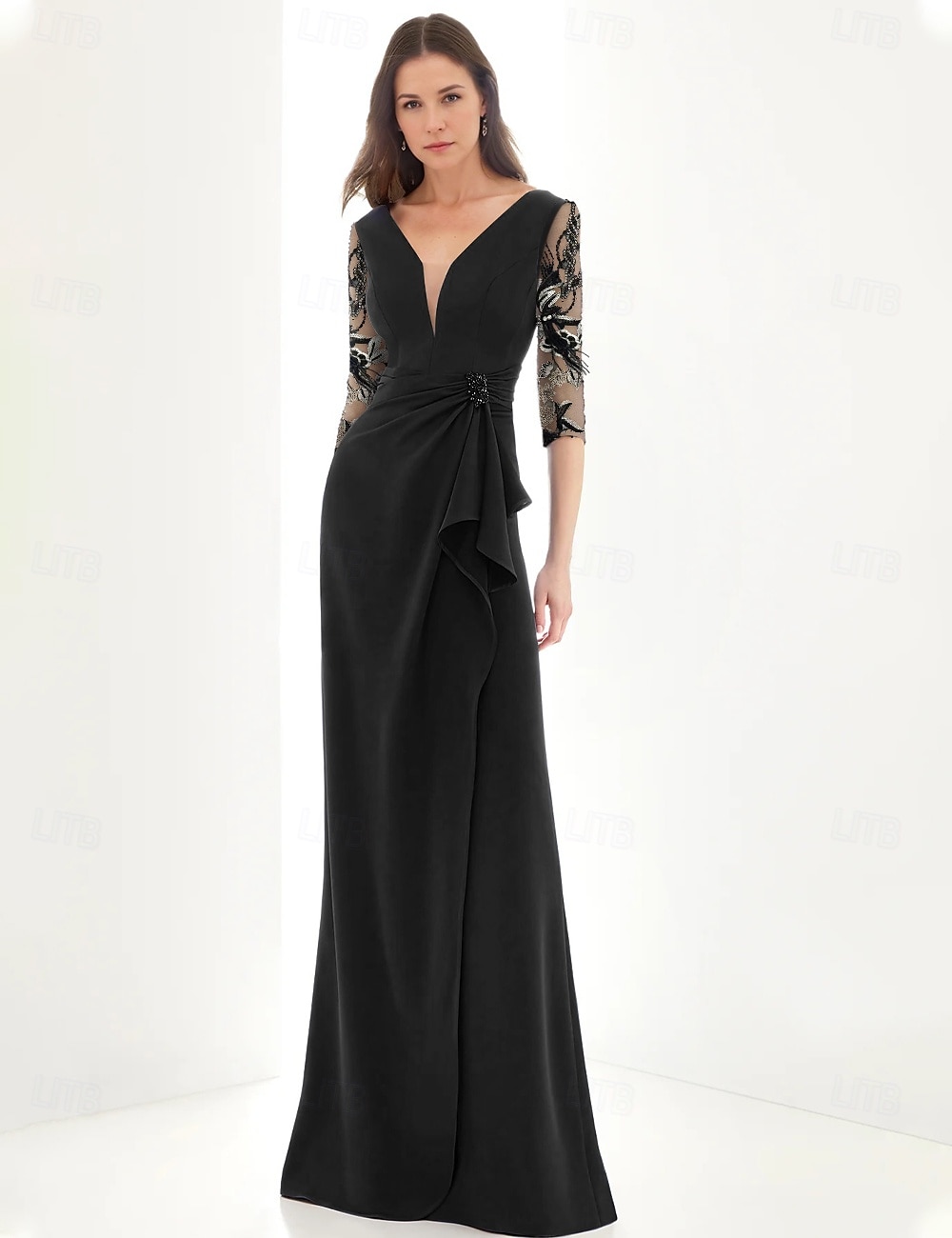vestido preto vestido de noite linha a vestido elegante formal comprimento até o chão manga 3/4 decote em v bolso crepe elástico com apliques 2025 de 2025 por $178.99 –P1