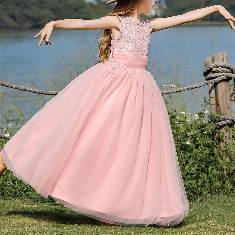 Infantil Para Meninas Vestido de daminha de honra Vestido de festa Côr Sólida Sem Manga Espetáculo Casamento Festa Com Transparência Frente Única Patchwork Elegante Doce Poliéster Renda Longo Vestido de 2025 por $44.99 –P3