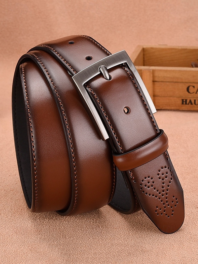 cinto de couro marrom masculino – design de fivela clássico com padrão em relevo, perfeito para uso casual e formal de 2025 por $18.99 –P1