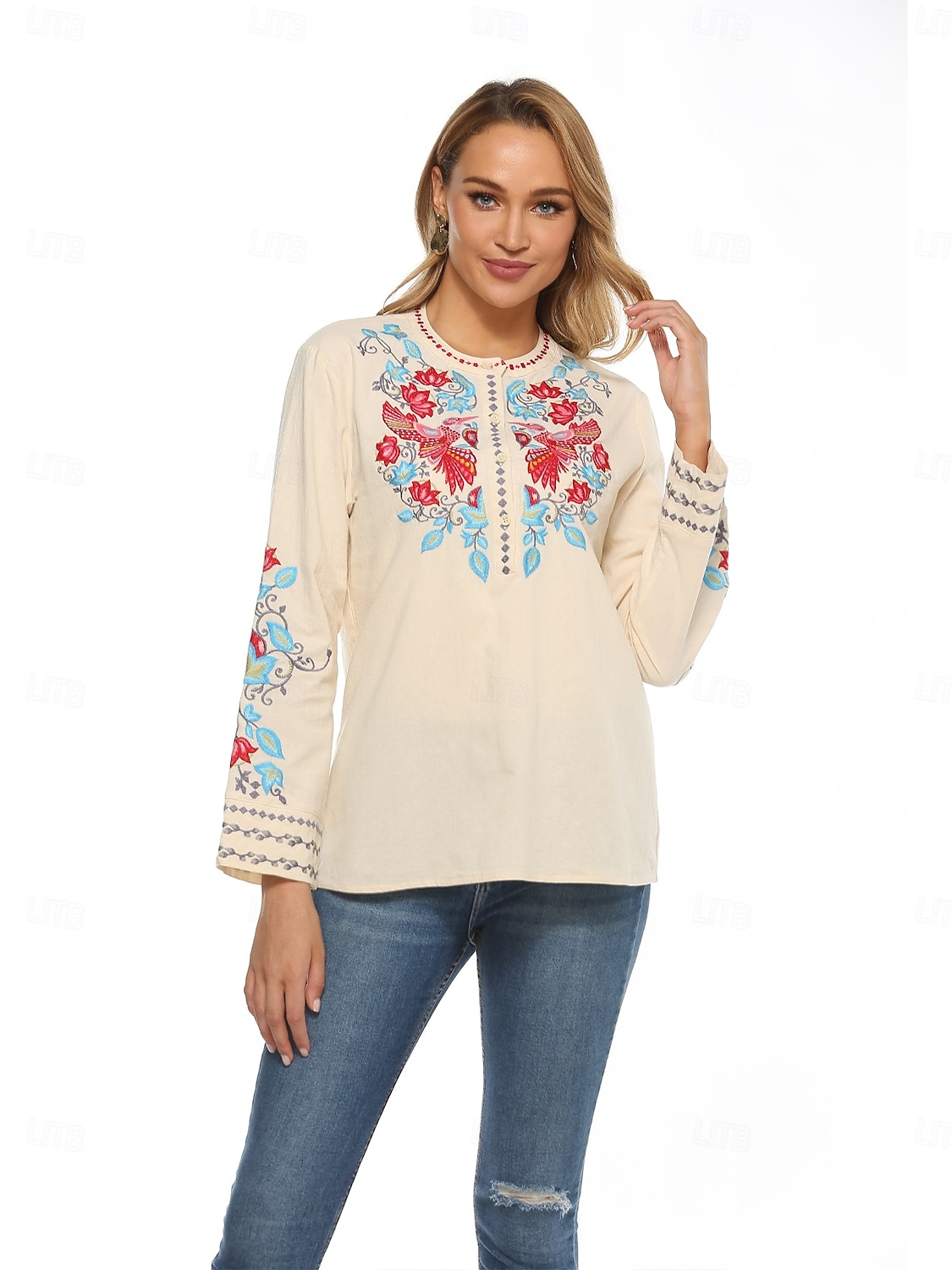 Dam Boho skjorta Linneinspirerade skjortor Blommig Blomma Ledigt Långärmad Biskop Rund hals Hög hals Vanliga toppar Alla hjärtans dag Arbete Dagligen Broderad Beige Vår, Höst, Vinter, Sommar 2025 - $34.99 –P5