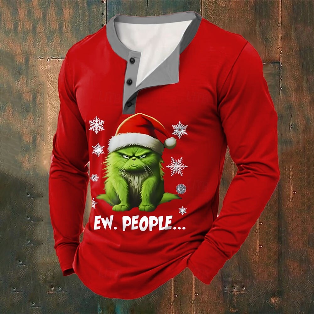 Jul Herr Katt Tomteluva T-shirt Henleytröja Långärmad T-shirt Tryck Henley Skjorta Mode Ledigt Fest Gata Dagligen Rubinrött Grön Vinter Vår & Höst Kläder Vanligt S M L XL XXL XXXL 2025 - $24.99 –P1