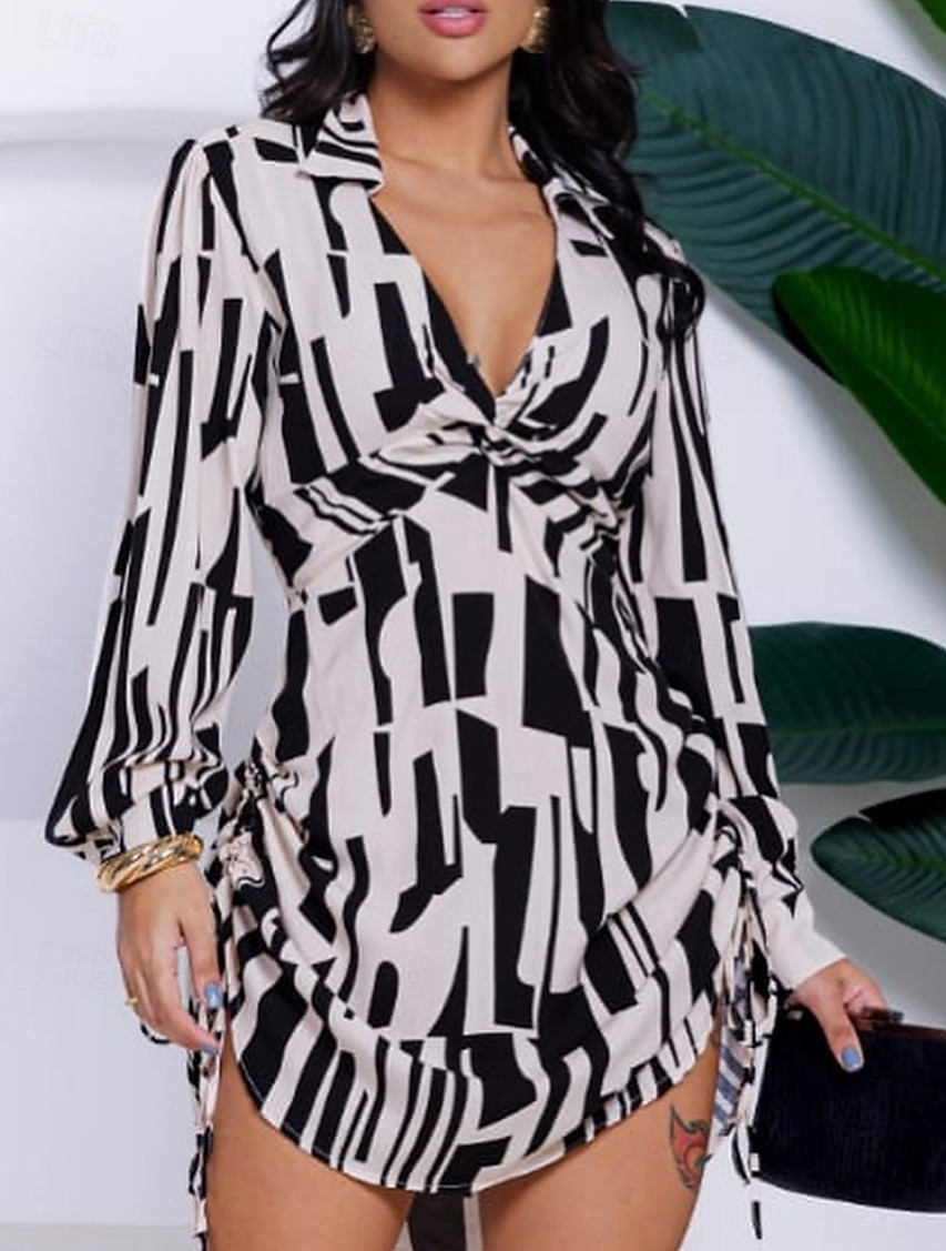 Women's Sheath Dress Geometric Drawstring Asymmetrical Hem V Neck Mini Dress Elegant Daily Long Sleeve Fall 2025 - $35.99 –P1