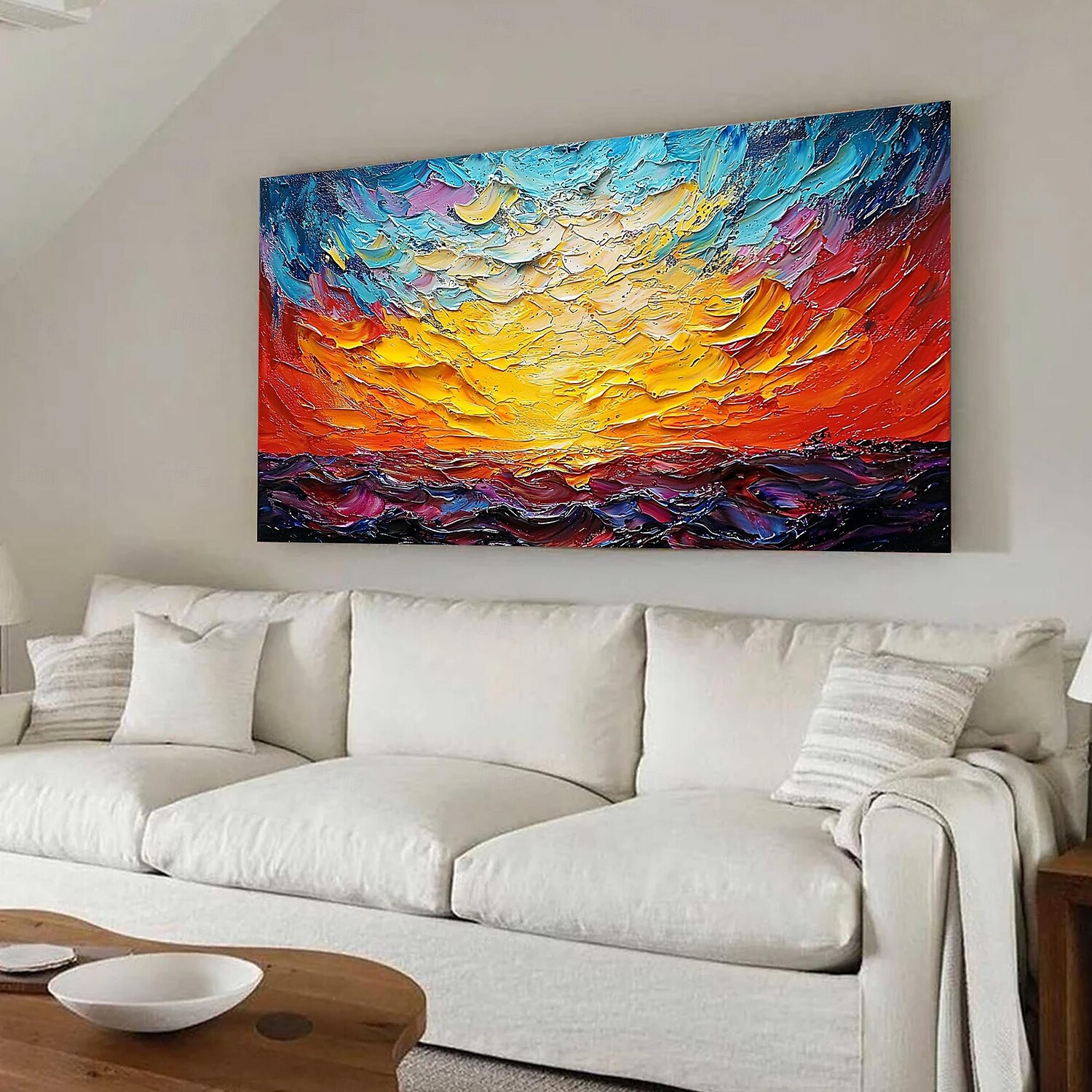 handgefertigtes originales dickes strukturiertes farbenfrohes Meereslandschafts-Ölgemälde auf Leinwand, abstrakter Sonnenuntergang, Ozean-Wandkunst für die Inneneinrichtung mit gespanntem Rahmen ohne 2025 - $150.99 –P3