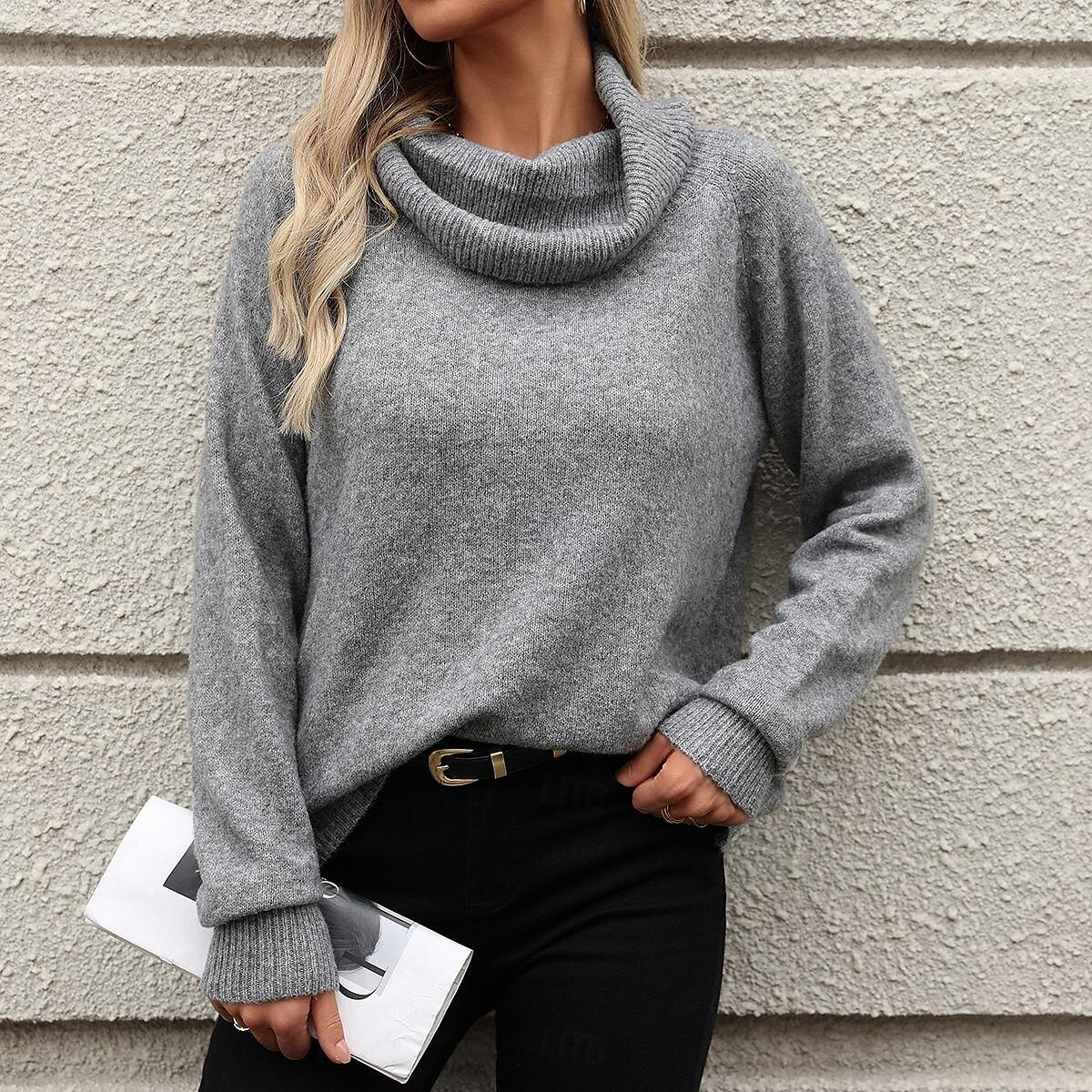 Dames Trui Streetwear Dagelijks Casual Effen Kleur Wijde col Gebreid Lange mouw Normale tops breien Werk Blozend Roze Khaki Herfst Winter 2025 - $54.99 –P1
