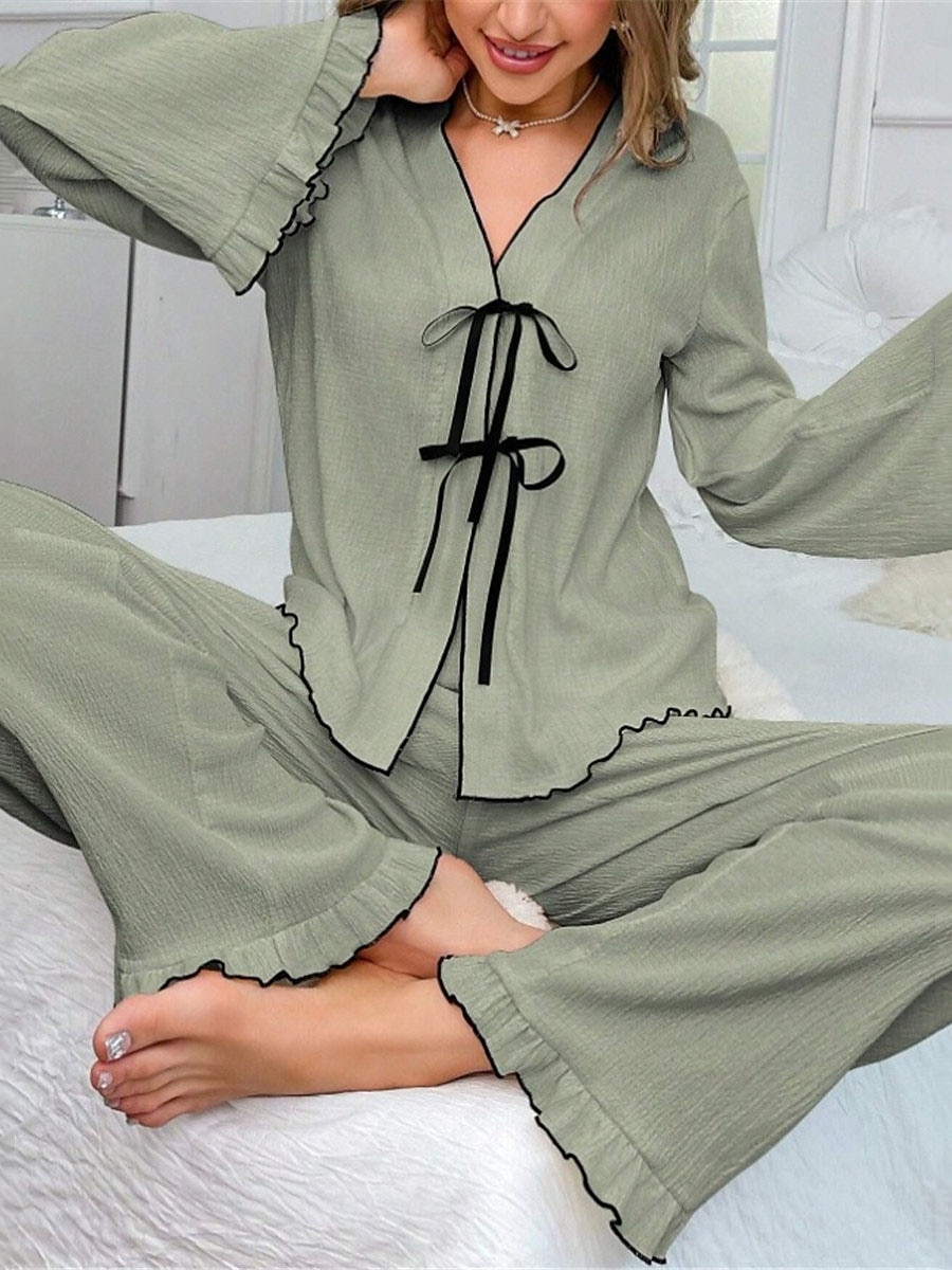 Conjunto de pijama feminino cor pura conforto casual casa conforto diário quente decote em v manga comprida camisa calça cintura elástica outono inverno roupas para casa de 2025 por $32.99 -P3