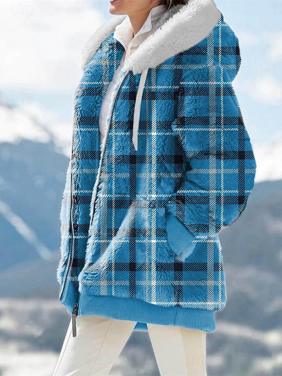 Per donna Giacca in pile Cappotto teddy Giacca con cappuccio Tenere al caldo Traspirante Cerniera Tasche Stampa Collo di pelliccia Informale A quadri Da mare Strada Da tutti i giorni Per uscire del 2025 a $51.99 –P4