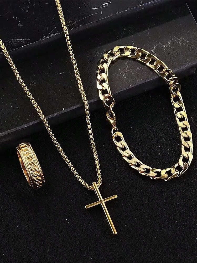 Men's Alloy Cross Necklace, Chain Bracelet, and Engraved Ring Set – Durable and Stylish Christian Jewelry 2025 - $11.99 –P5