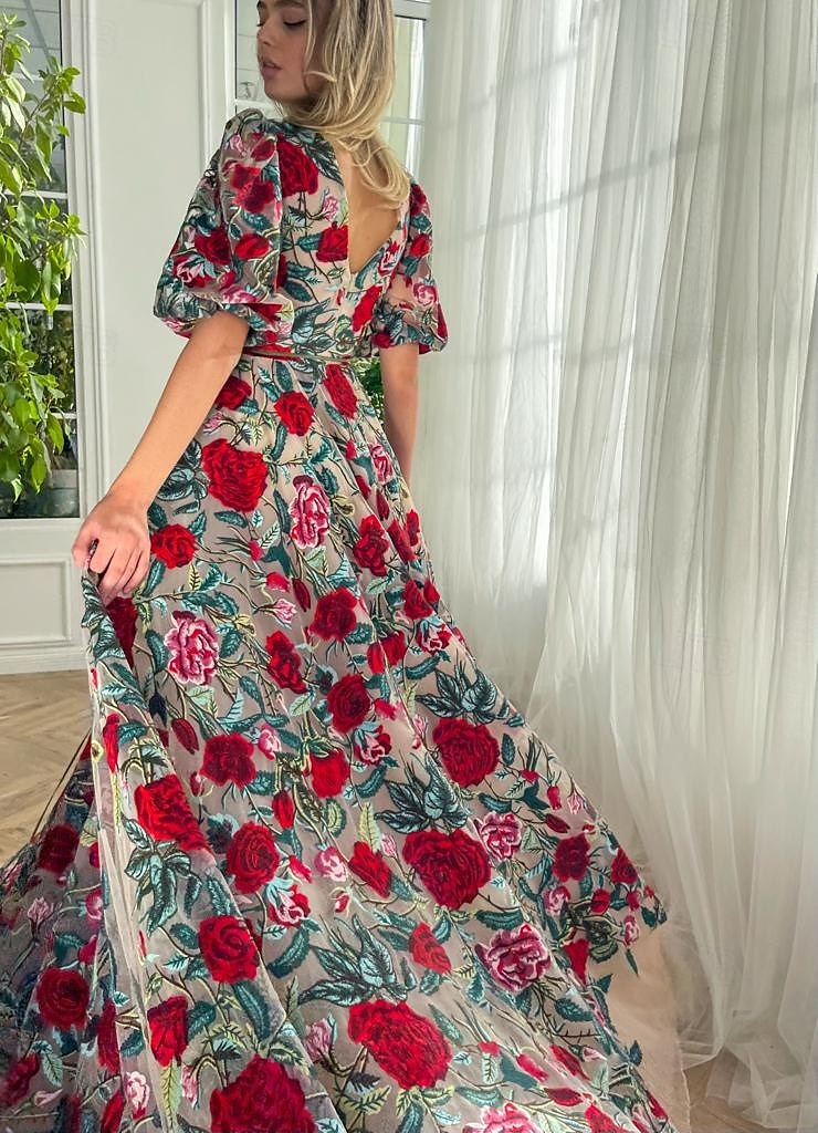 Floral Rose Embroidered A-Line Prom Dresses Elegant Dress Formal Christmas Floor Length Short Sleeve V Neck Belt / Sash Tulle with Floral Print 2024 2024 - GBP £174 –P2