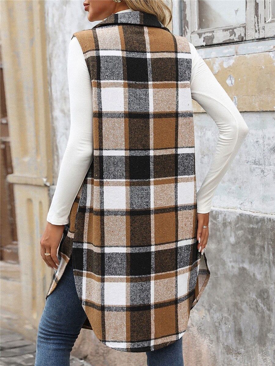Mulheres Colete Ao ar livre Rua Roupa Diária Outono Inverno Longo Casaco Normal Térmico / Quente Respirável à moda Casual Casaco Sem Manga Listras e xadrez Com bolsos Imprimir Laranja Verde Cáqui de 2025 por GBP £32 –P2