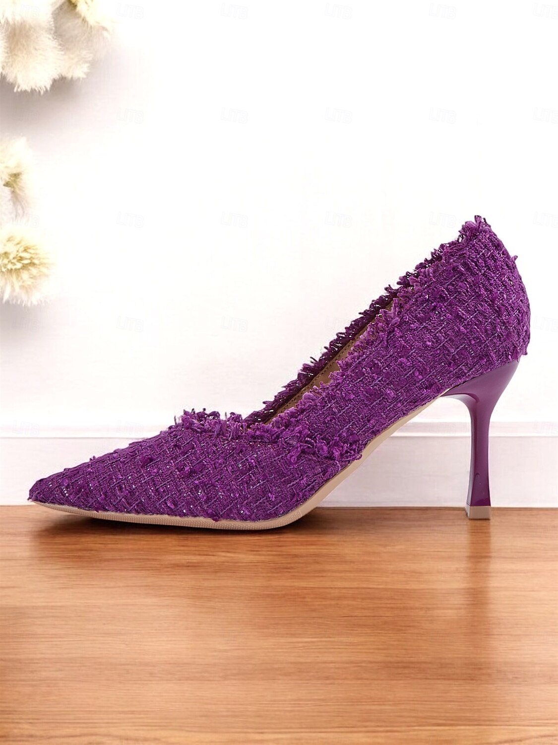 tocuri de damă din tweed mov cu vârf ascuțit – pantofi eleganti texturați cu margini uzate pentru ținute șic și ocazii speciale 2025 - $42.99 -P1