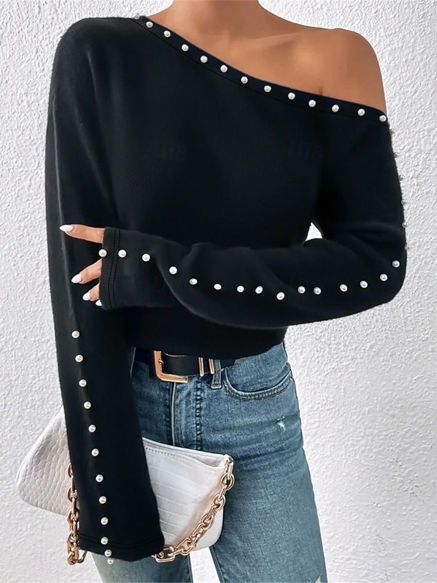 Women's Shirt Blouse Solid Color Basic Casual Long Sleeve Cold Shoulder Regular Tops Daily Beaded Black Fall Winter 2025 - $32.99 –P3