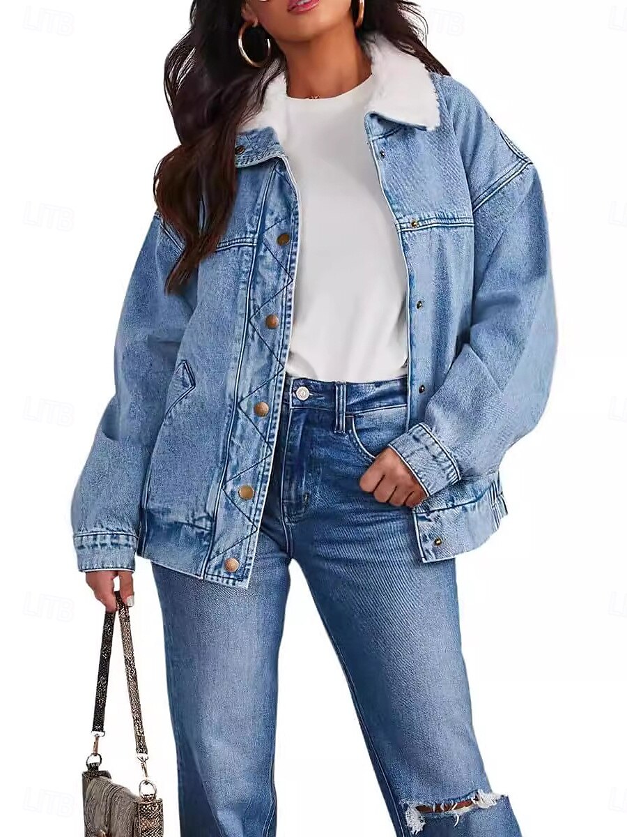Damskie Jeansowa kurtka Na zewnątrz Ulica Dzienne zużycie Jesień Zima Regularny Płaszcz Regularny Keep Warm Oddychający Elegancki Codzienny Kurtki Długi rękaw Jednokolorowe Z kieszeniami Futrzany 2025 - $73.99 –P5