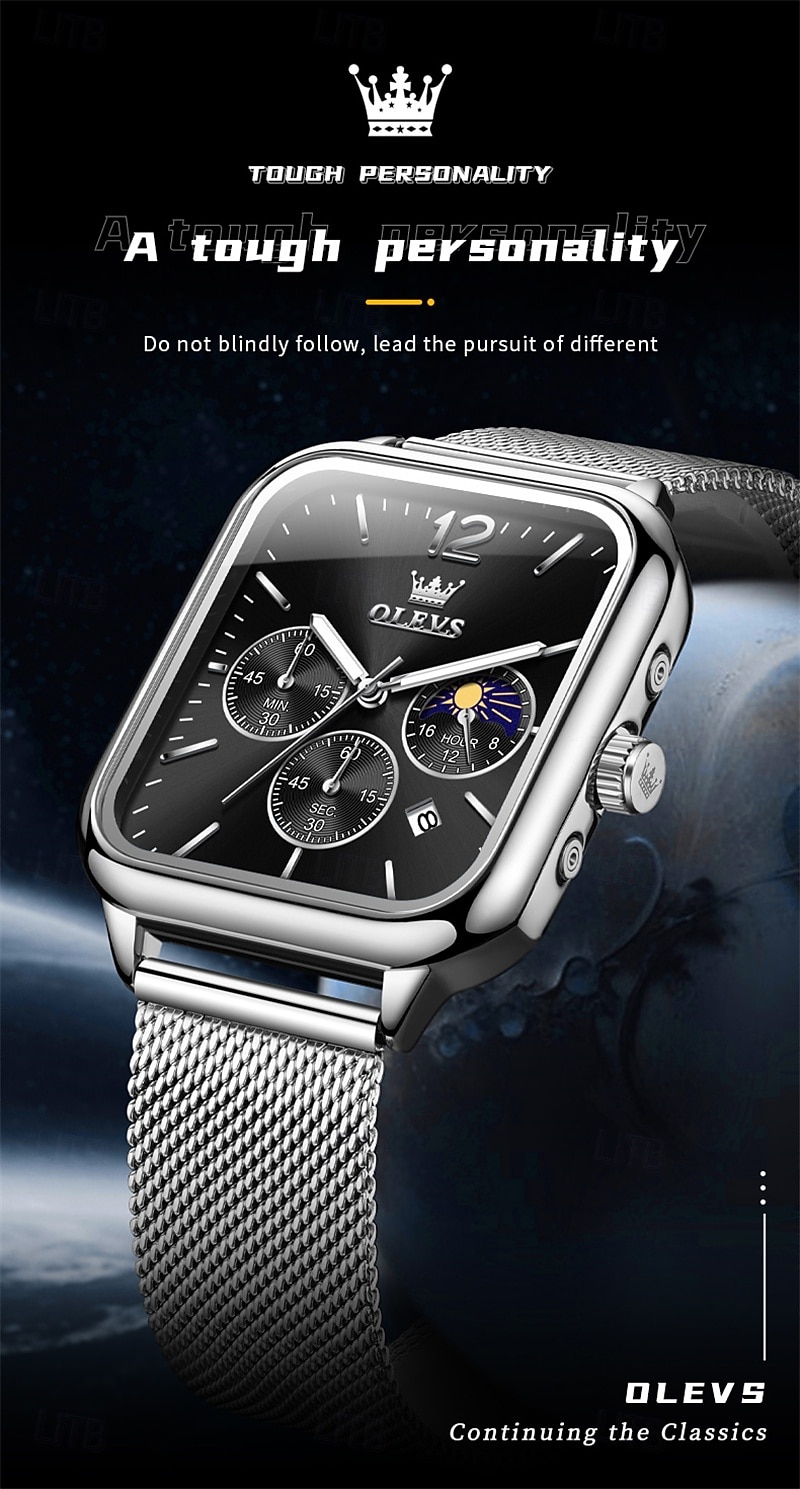nouvelle marque olevs olevs tendance montres pour hommes cadran carré calendrier lumineux des phases de lune multifonction ceinture en maille à trois yeux montre à quartz à phases de lune de 2025 ? $29.99 –P8