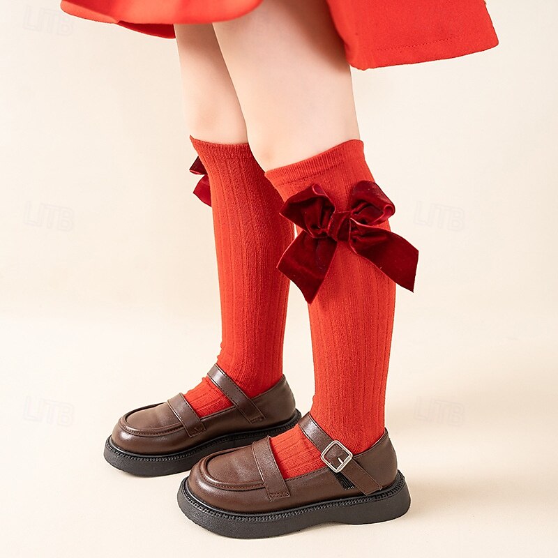 Kids Girls' Socks Children's Day Underwear Red Green Solid Colored Patchwork Fall Winter Lolita Daily Wear 3-12 Years Toddler Bow Sweet Cotton 2025 - $4.99 –P5