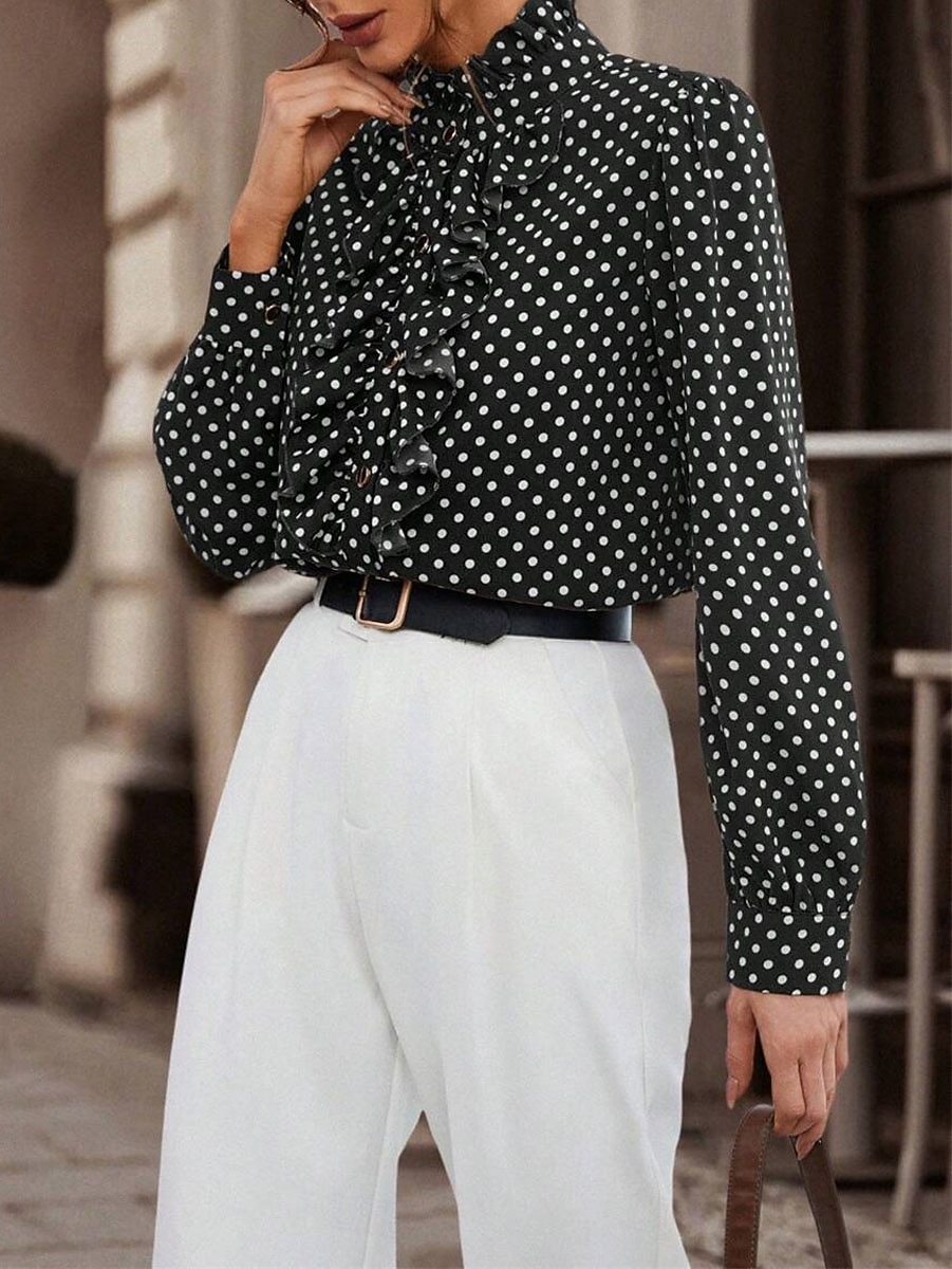 Damen Hemd Bluse Punkt Brautkleider schlicht Langarm Rollkragen Normale Oberteile Täglich Rüsche Patchwork Knopf Schwarz Braun Herbst Winter 2025 - $29.99 –P10