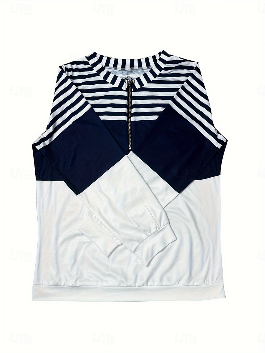 Sudadera de mujer a rayas para uso diario, con cremallera, informal, cuello redondo, manga larga, microelástica, otoño e invierno, cómoda, transpirable, tejido suave 2025 - $34.99 –P2