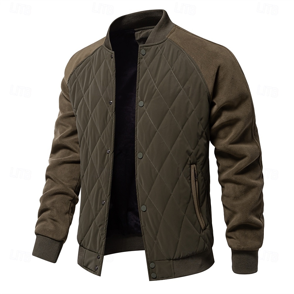 Men's Bomber Jacket Fleece Jacket Padded Casual Daily Vintage Style Fall & Winter Color Block Casual Standing Collar Regular Camel Apricot Black Army Green Grey Jacket 2026 - $62.99 –P6