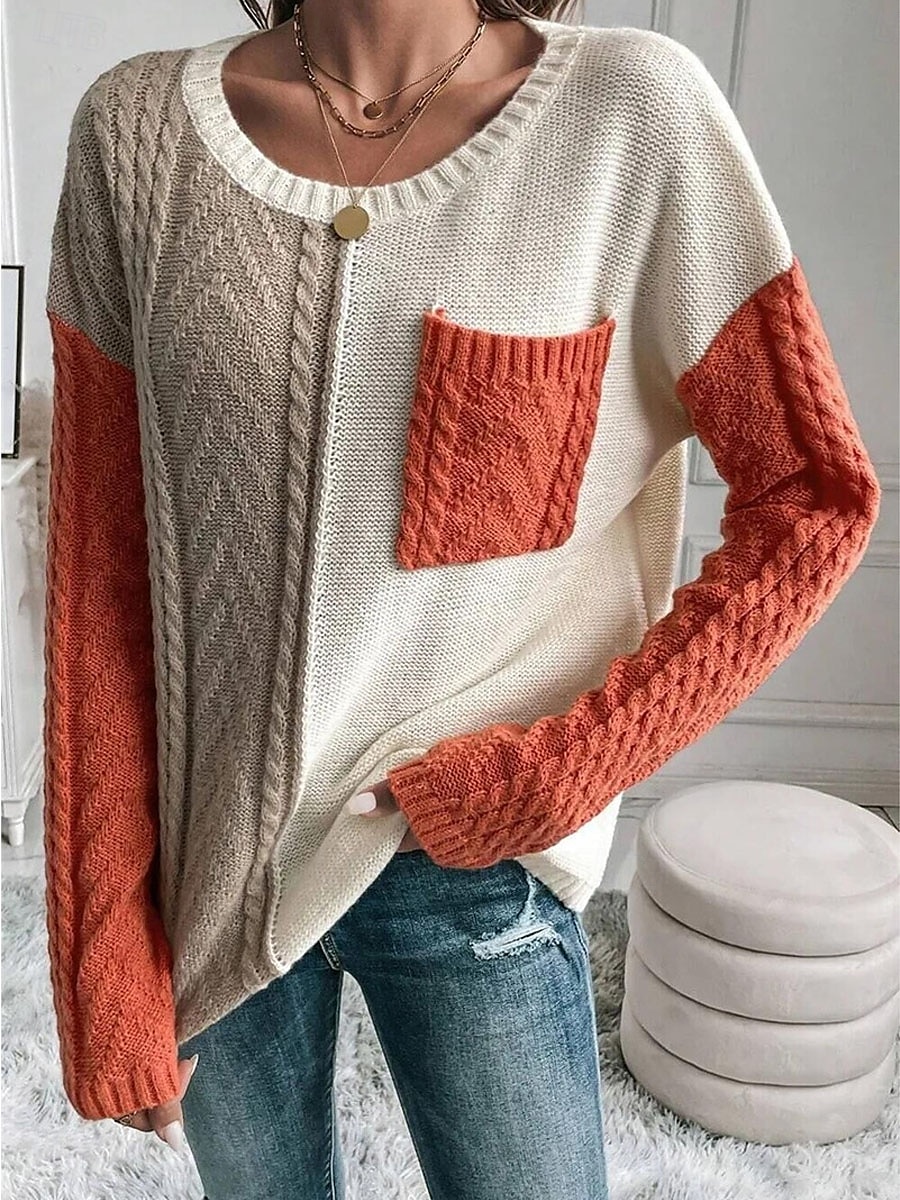 Dam Tröja Pullover tröja Ledigt Mjukt Ren färg Kabel Rund hals Ficka Stickat Långärmad Vanliga toppar Sticka Utomhus Dagligen Helgen Orange Grön Höst Vinter 2025 - $54.99 –P5