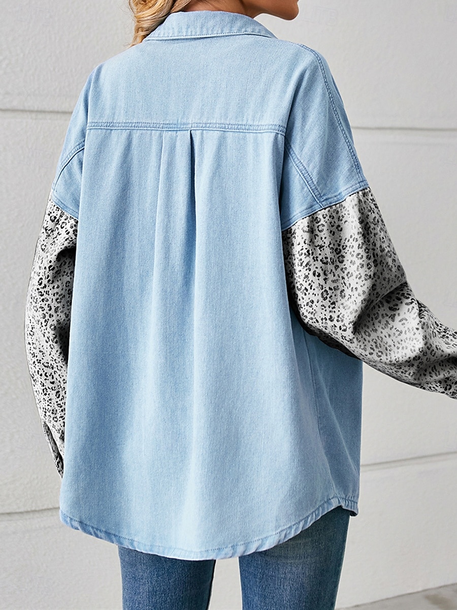 Per donna Giacca di jeans Esterno Strada Da tutti i giorni Autunno Inverno Standard Cappotto Standard Traspirante Moda Informale Giacca Manica lunga Leopardo Con tasche Stampa Nero Bianco Blu del 2025 a $36.99 –P3