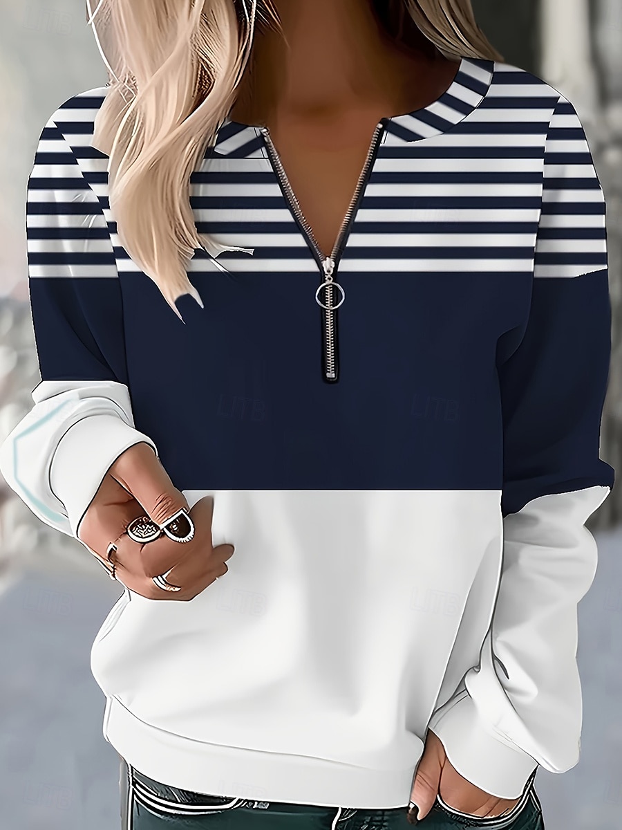 Sudadera de mujer a rayas para uso diario, con cremallera, informal, cuello redondo, manga larga, microelástica, otoño e invierno, cómoda, transpirable, tejido suave 2025 - $34.99 –P1
