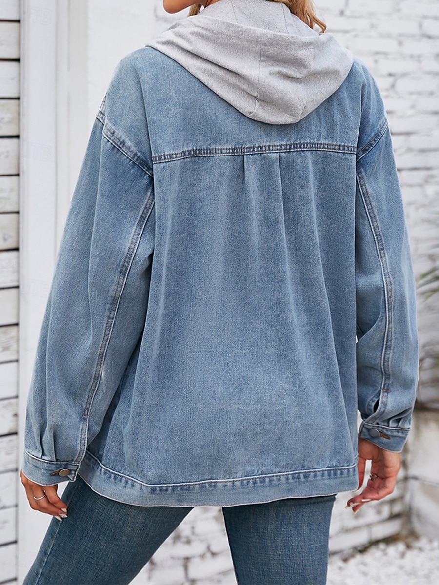 Dam Hoodiejacka Jeansjacka Utomhus Gata Dagliga kläder Höst Vinter Normal Täcka Normal Håller värmen Andningsfunktion Stylish Ledigt Jacka Långärmad Ensfärgat Med fickor Ljusblå Svart Marinblå 2025 - $57.99 –P3