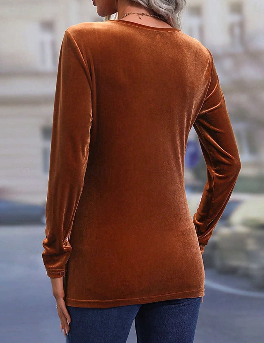 Dame Skjorte Bluse Helfarge Fritid Langermet Biskop Crew-hals Vanlige topper Daglig Tunika Brun Høst Vinter 2025 - $29.99 –P2