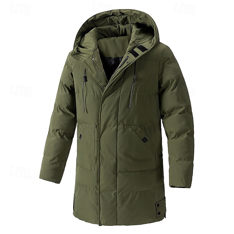 Men's Winter Jacket Puffer Jacket Hoodie Jacket Parka Pocket Polyster Fleece lined Daily Wear Date Vacation Long Fashion Casual Comfortable Thermal Warm Fall & Winter Solid / Plain Color Black Army 2025 - $52.99 –P3