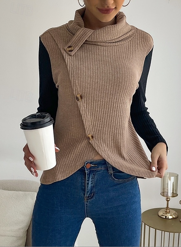 Damen Tunika Feste Farbe Täglich Langarm Rollkragen Arbeit Knopf Khaki Grau Frühling Herbst Winter 2025 - $29.99 –P3