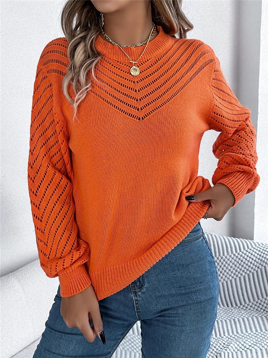 Per donna Felpa Pullover Maglione Informale Morbido Colore puro A coste Girocollo Traforato Lavorato a maglia Manica lunga Top regolari Maglia Esterno Giornaliero Fine settimana Bianco Arancione del 2025 a $45.99 –P9