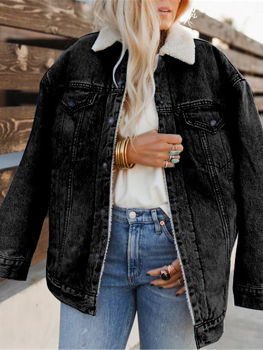 Dame Fleece-jakke Teddyfrakk Denimjakker Hold Varm Pustende Lomme Fleece Lined Fritid عادي Feriereise Gate Dagligdagstøy Ut på byen Enkeltkneppet Normal Aftæpning Normal Langermet Yttertøy Svart Bl 2025 - $41.99 –P5