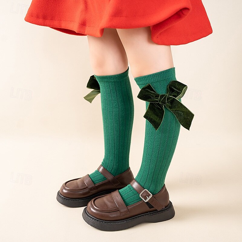 Kids Girls' Socks Children's Day Underwear Red Green Solid Colored Patchwork Fall Winter Lolita Daily Wear 3-12 Years Toddler Bow Sweet Cotton 2025 - $4.99 –P4